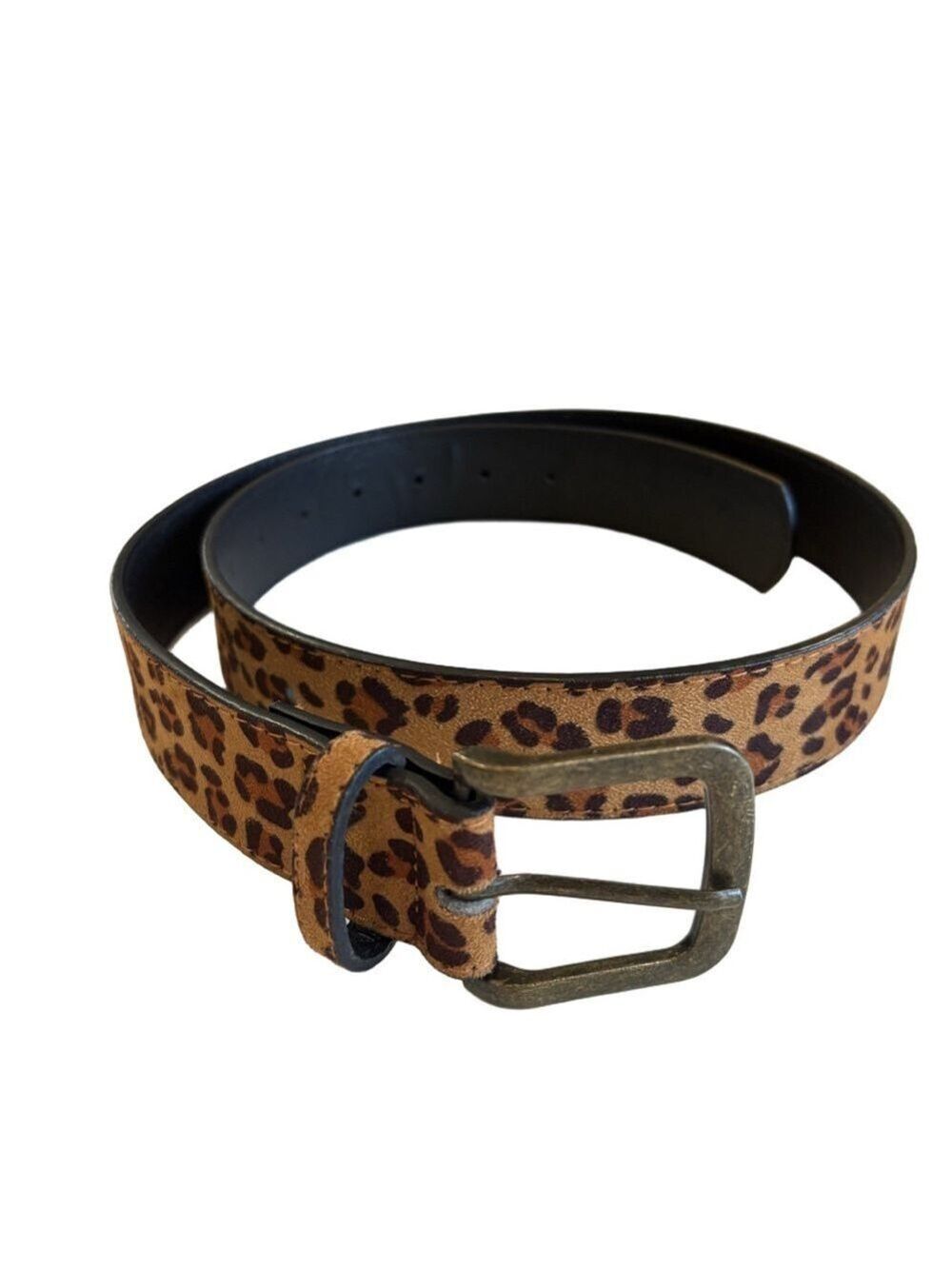 Leopard print belt. Square burnished gold buckle. Animal print suede feel 40”